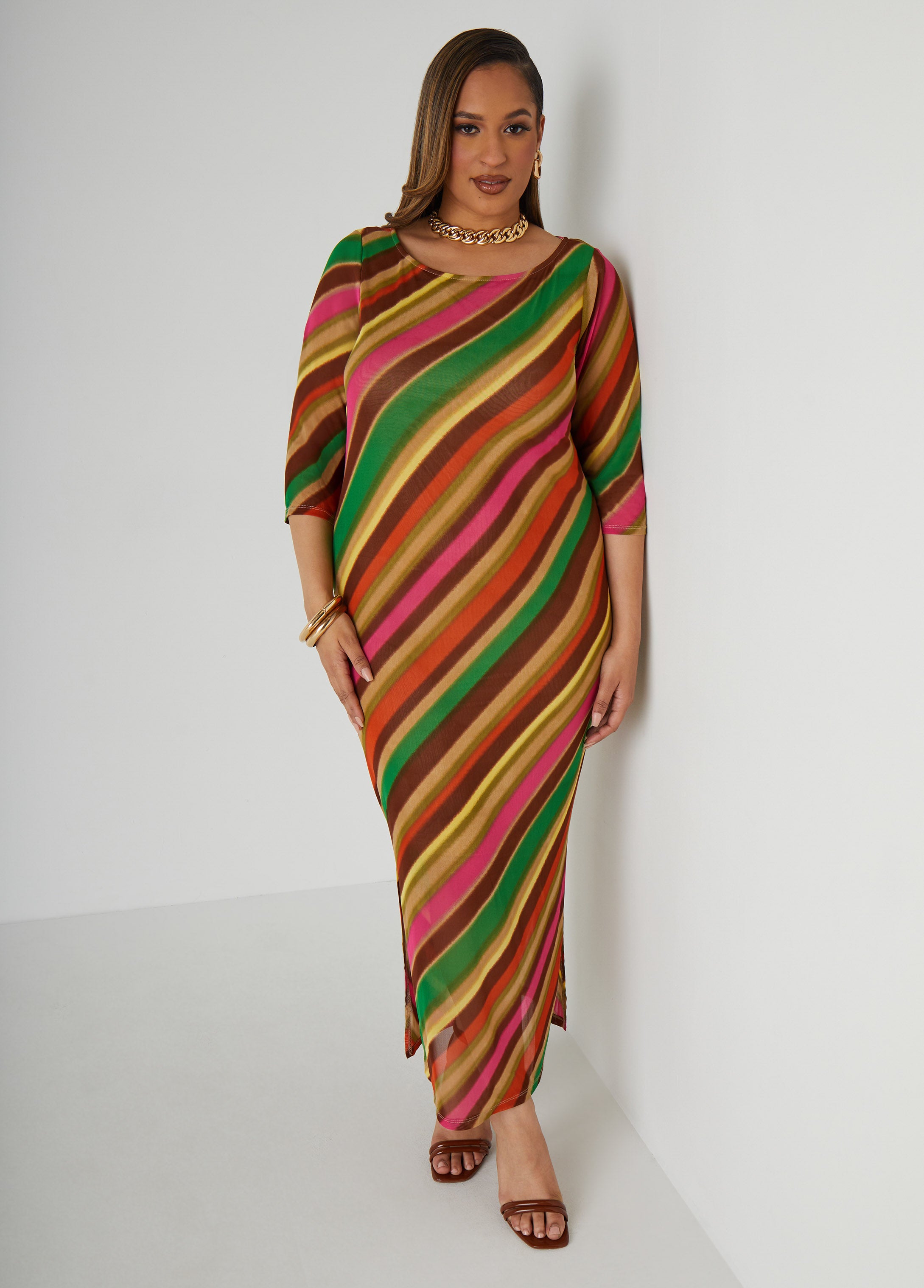 ASHLEY STEWART Flowy Mesh Maxi Dress with Striped Detailing | Summer Resort Collection | Casual Beachwear