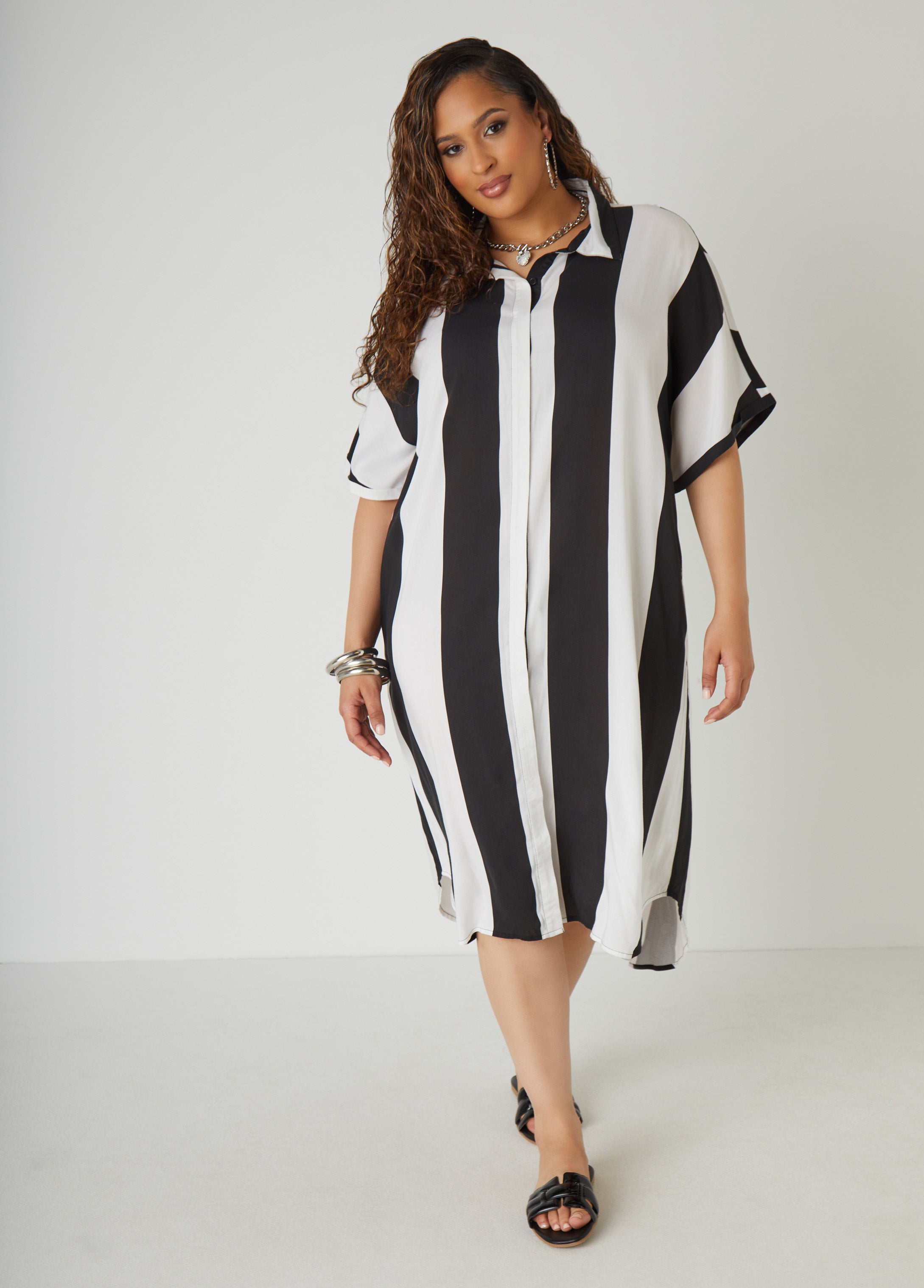 ASHLEY STEWART Casual Chic Striped Tunic Dress with Asymmetric Hemline