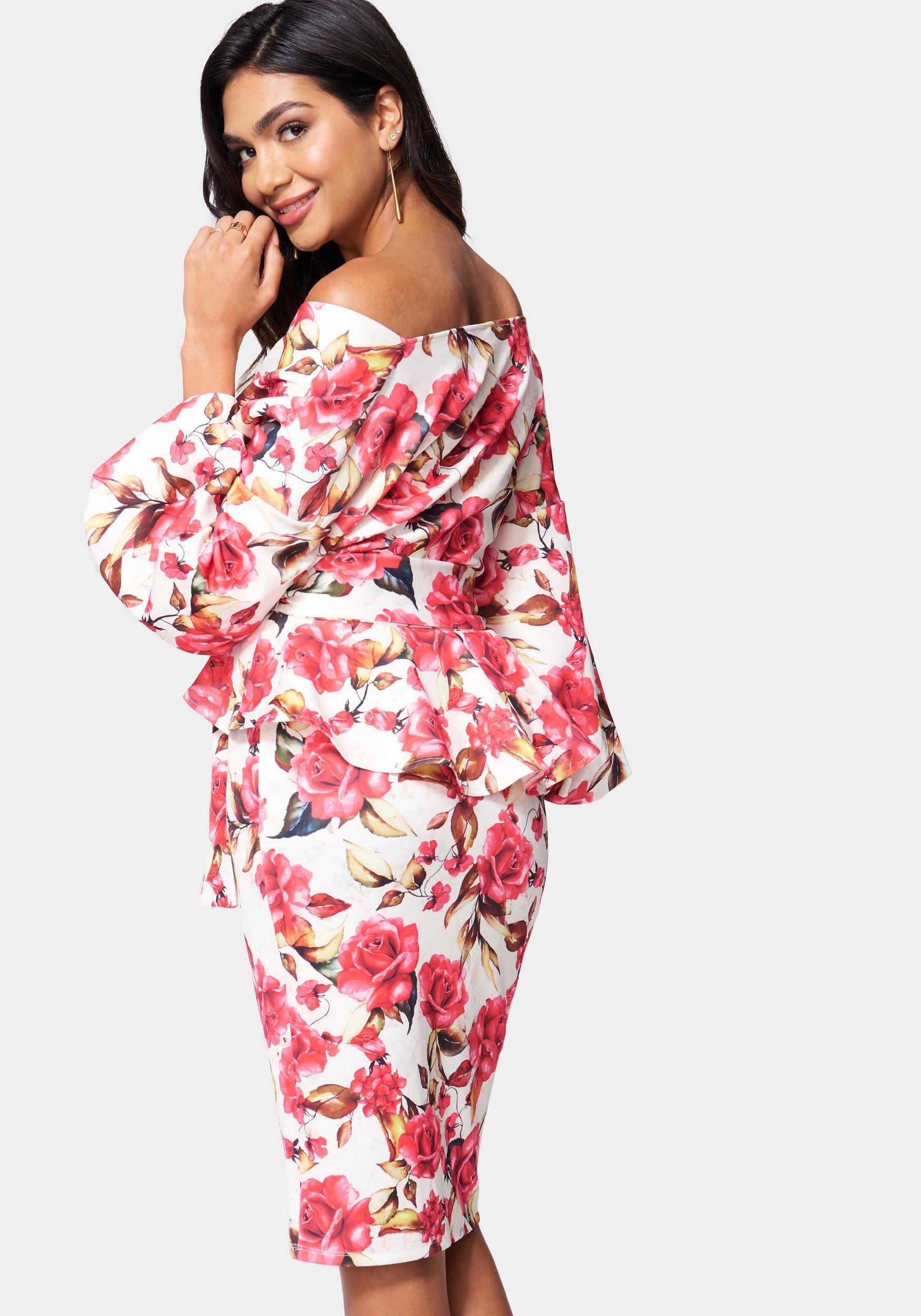 BEBE Bardot Neckline Ruffle Trim Floral Print Summer Flowy Midi Dress