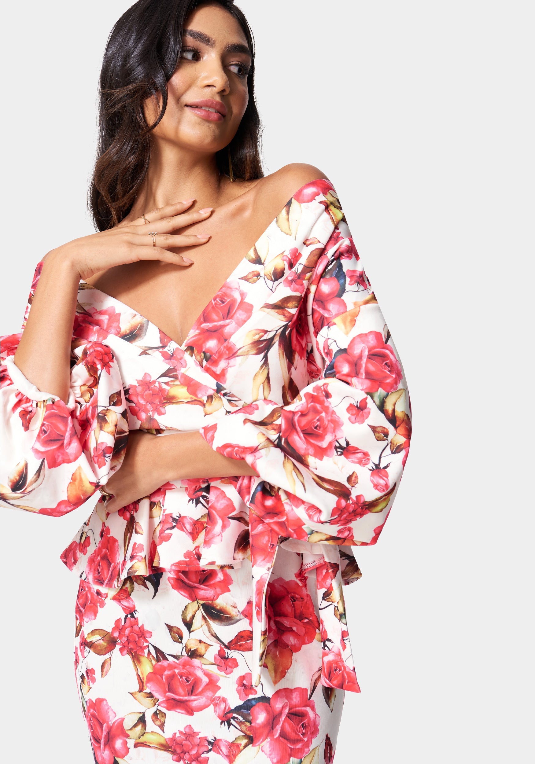 BEBE Bardot Neckline Ruffle Trim Floral Print Summer Flowy Midi Dress
