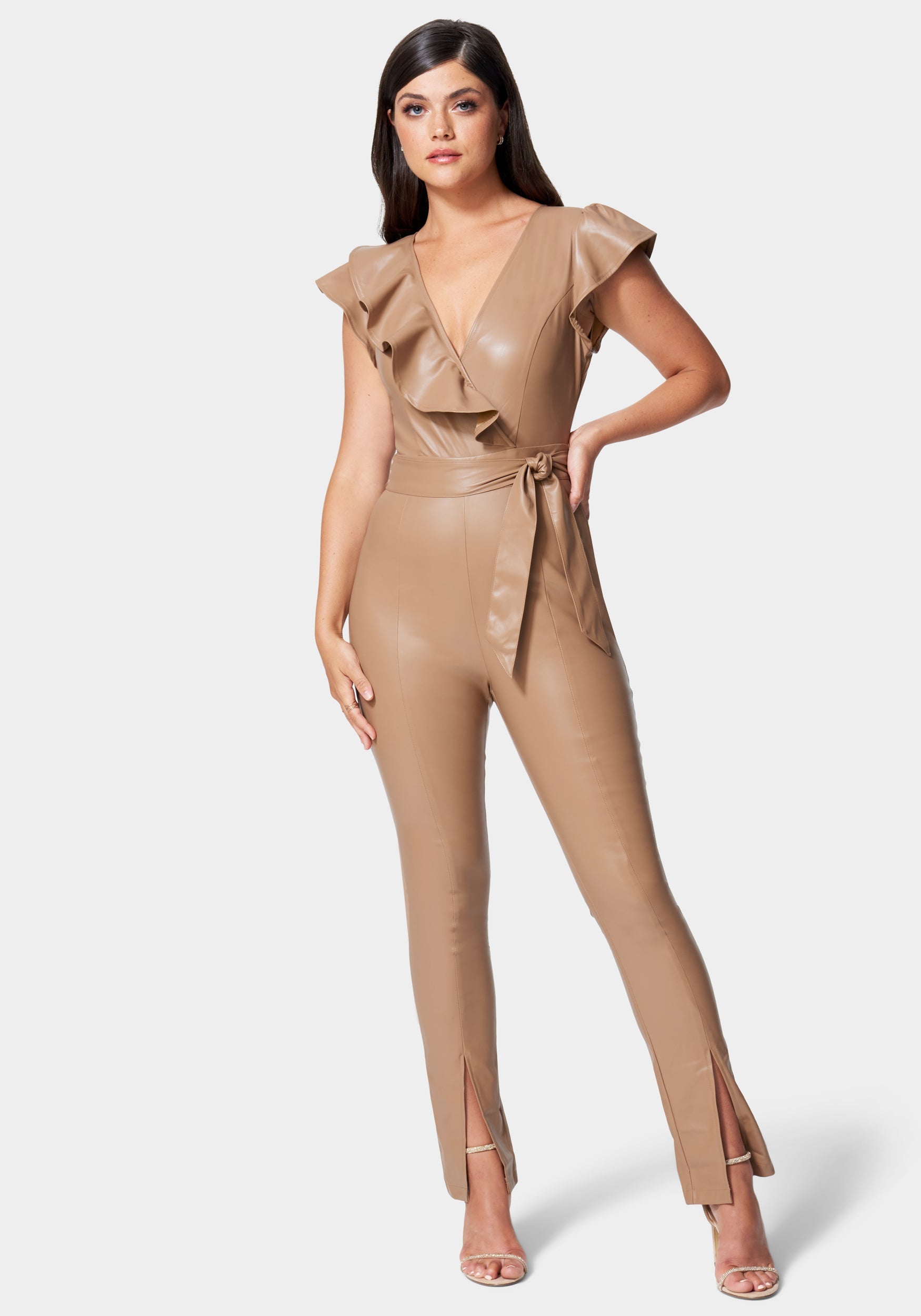 BEBE Cruelty-Free Pleated Jumpsuit with Frill Detailing