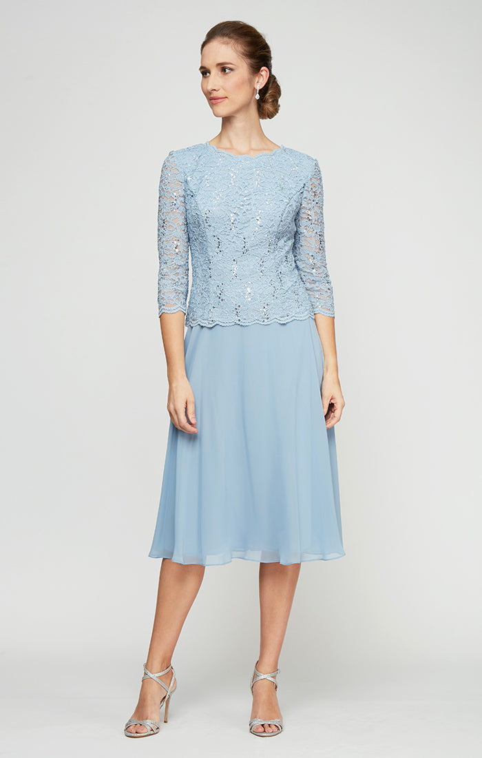 ALEXEVENINGS Elegant Cocktail Dress Featuring Embellished Lace Corset and Flowy Chiffon Skirt | Tea-Length Formal Attire