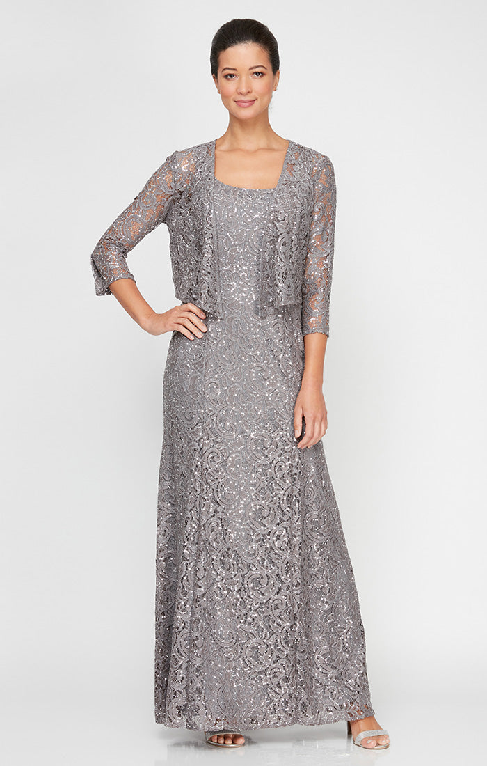 ALEXEVENINGS Elegant Sparkling Lace Evening Gown with Flattering A-Line Silhouette and Delicate 3/4 Sleeve Sheer Overlay