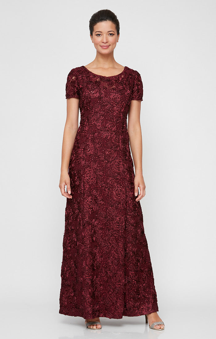 ALEXEVENINGS Floral-Embellished A-Line Evening Dress Featuring Sparkling Sequin Accents and Delicate Illusion Sleeves