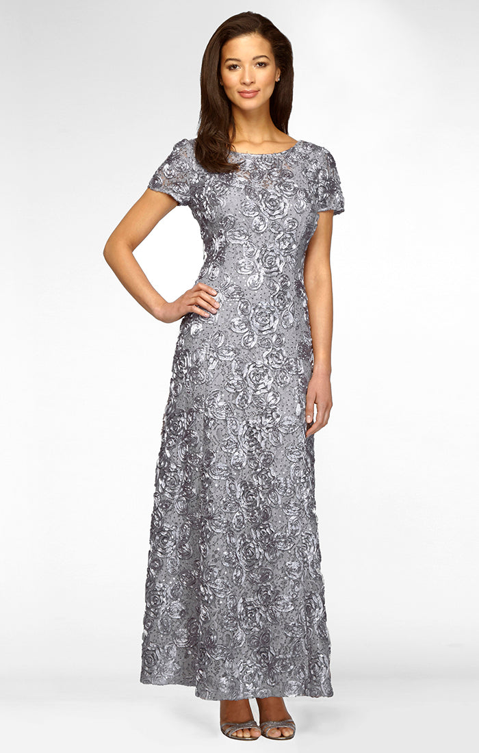 ALEXEVENINGS Flattering A-Line Evening Dress with Delicate Floral Accents, Sequin-Embellished Neckline & Romantic Cap Sleeve Illusion