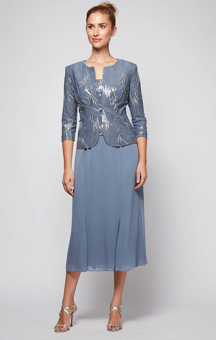 ALEXEVENINGS Sparkling Sequin Blazer Dress for Petite Figures | Flowy Tea-Length Chiffon Skirt & Tailored Jacket Design