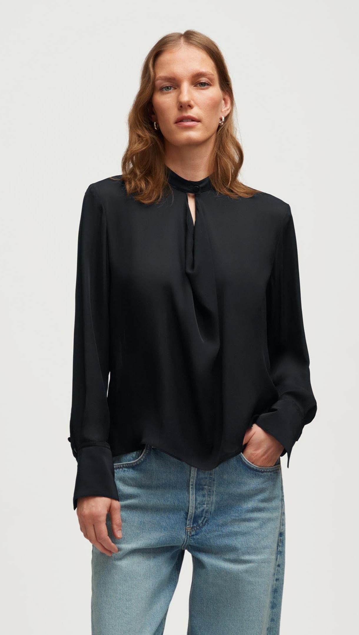 ARGENT Elegant Cowl Neck Top in Silky Double Georgette, Classic Black