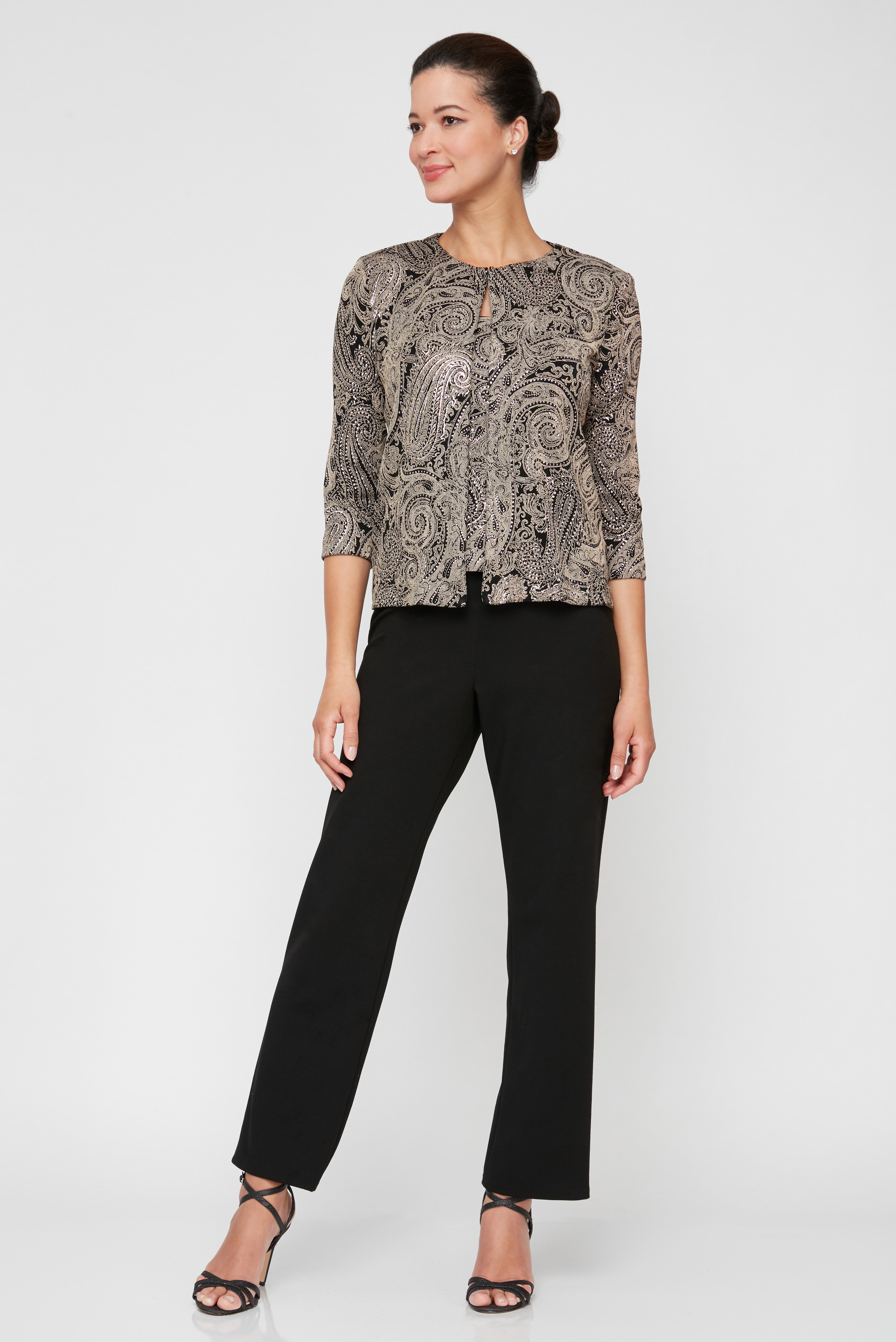 ALEXEVENINGS Evening Glam Sequin Twin Set with Flowy Chiffon Trousers