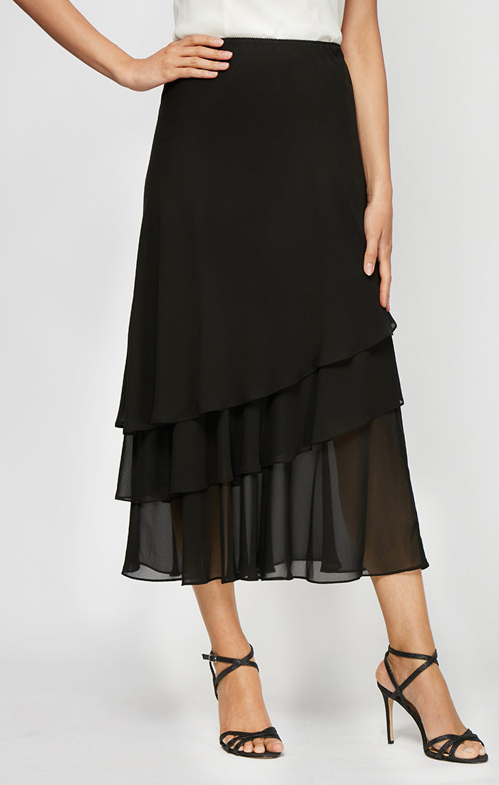 ALEXEVENINGS Flowy Knee-Length Skirt with Asymmetrical Hemline & Three Layered Chiffon Panels