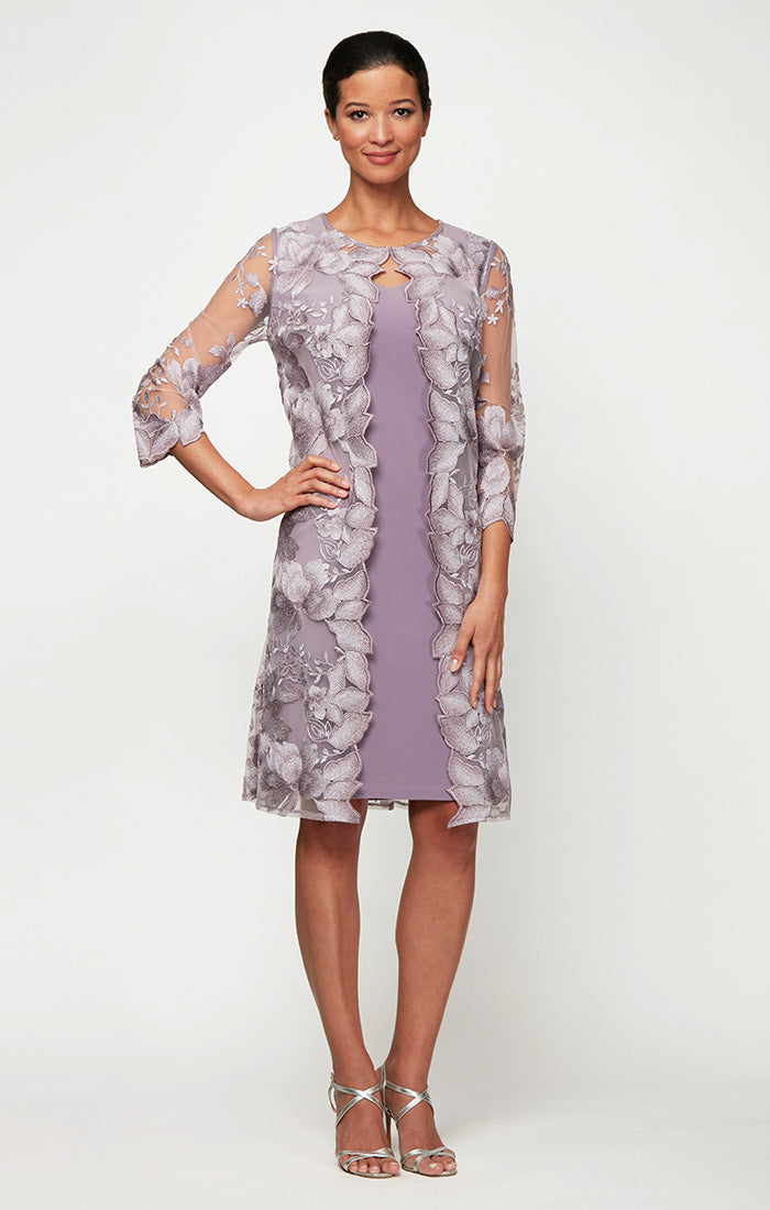 ALEXEVENINGS Classic Fit Lace-Trimmed Midi Jacket & Stretchy Knit Sheath Dress