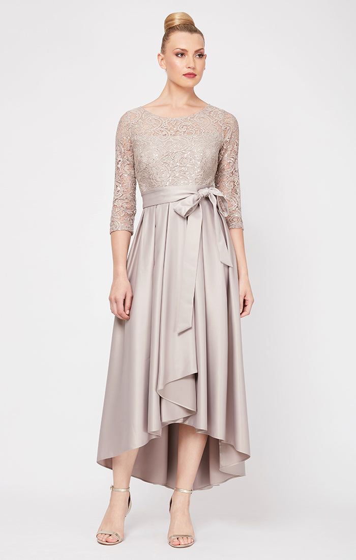 ALEXEVENINGS Glittering Lace Evening Gown Featuring Flowy Satin Skirt & Silk Waist Tie
