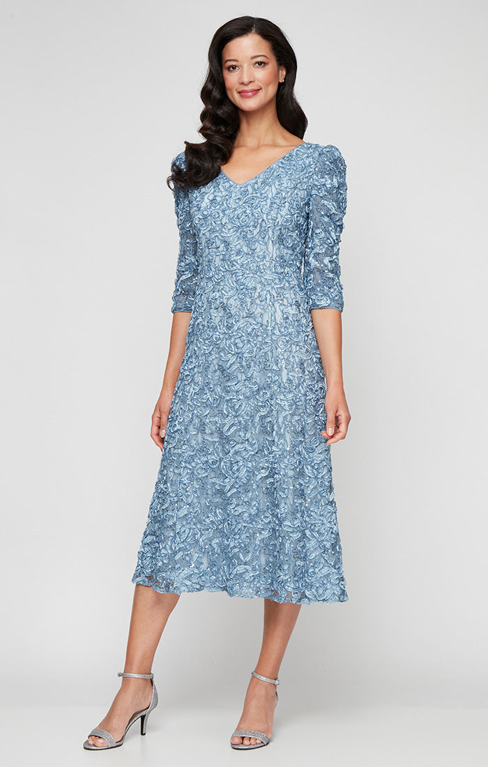 ALEXEVENINGS Flattering V-Neck Embroidered Dress with Puffed Sleeve Accents