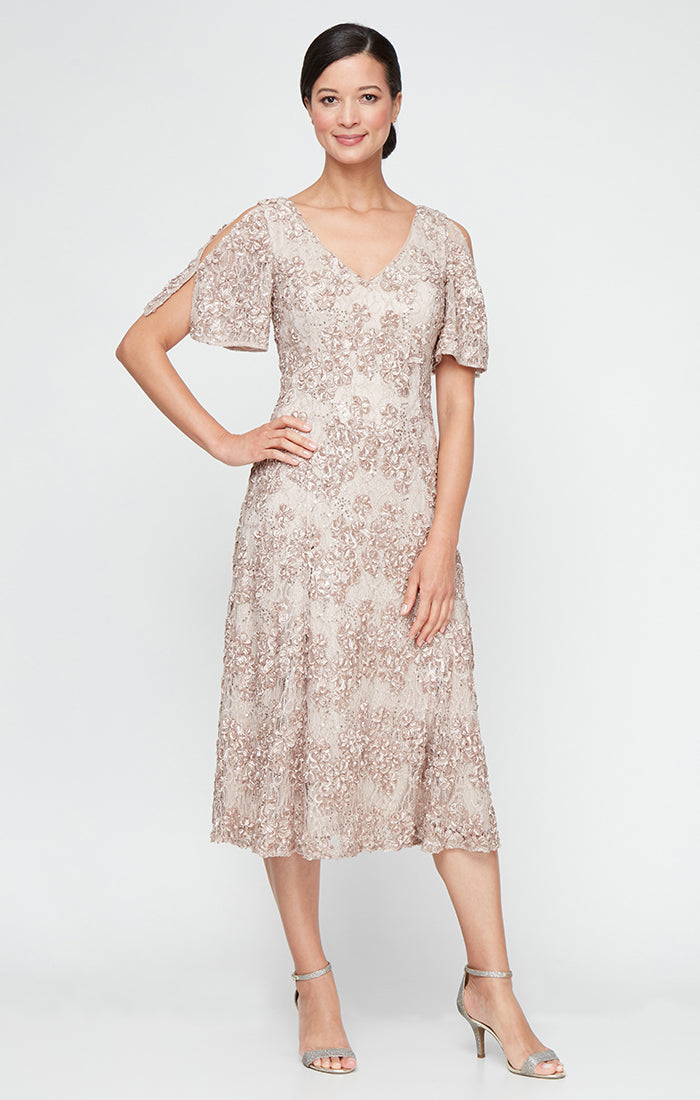 ALEXEVENINGS Tea-Length V-Neck Cocktail Dress with Soutache Sequins & Open Shoulder Cutouts