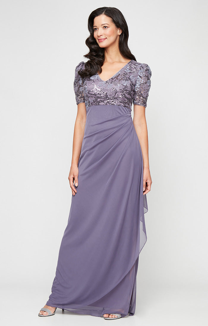 ALEXEVENINGS Knee-Length Floral-Stitch V-Neck Dress with Ruffle Trim Cap Sleeves & Cascading Skirt Details for Petite Frames