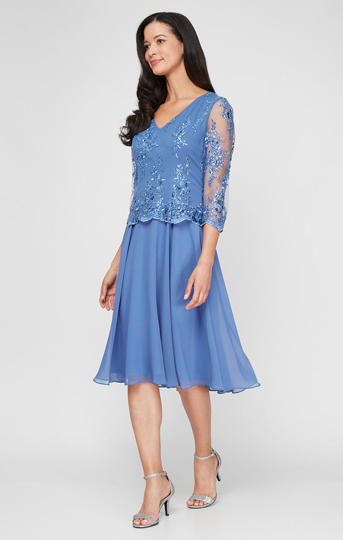 ALEXEVENINGS Floral-Embroidered V-Neck Midi Dress with Sheer Mesh Sleeves & Flowing Chiffon Skirt
