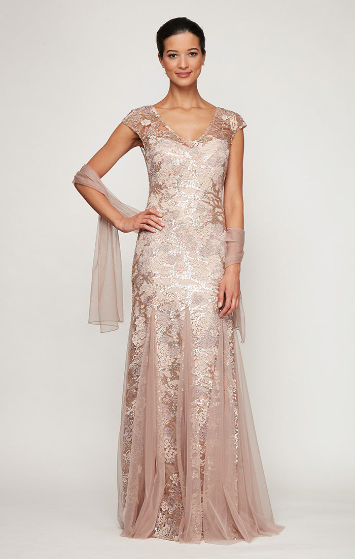 ALEXEVENINGS Flattering Cap-Sleeve Embroidered Cocktail Dress with Flared Godet Skirt & Matching Shawl for Petite Figures