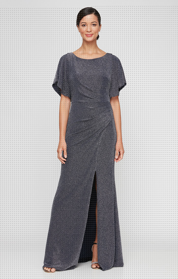 ALEXEVENINGS Elegant Midi-Length Dress with Flutter Sleeves, Shimmer-Infused Knit Fabric, Sculpted Waist Accent & Feminine Front Slit