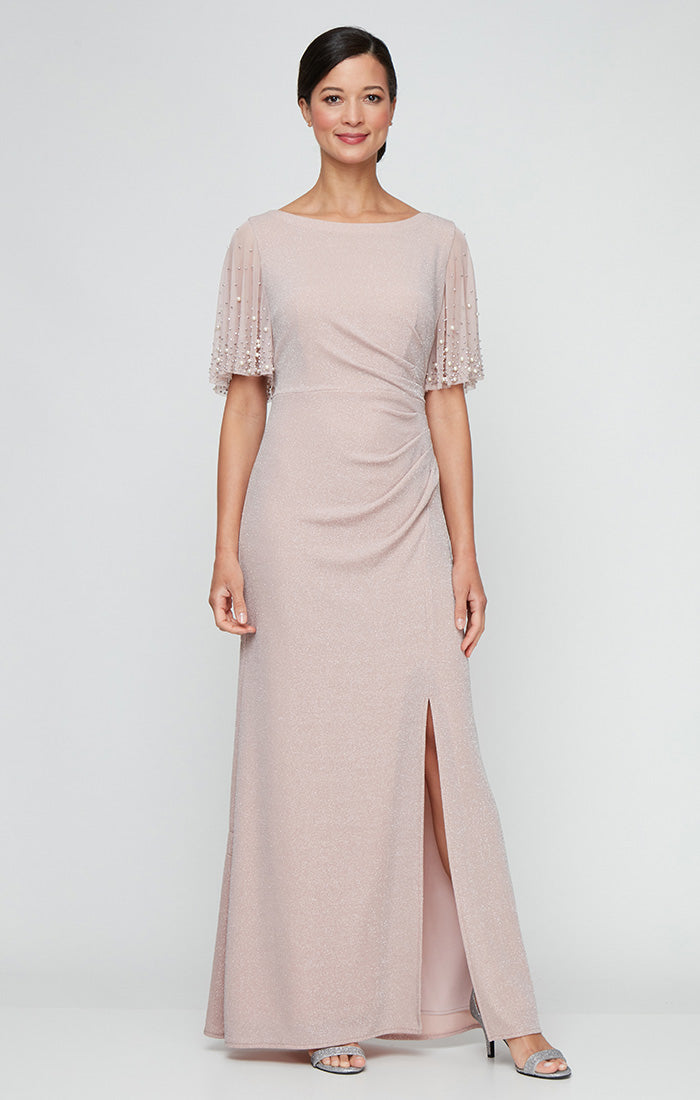 ALEXEVENINGS Elegant Longline Metallic Knit Dress with Feminine Flutter Sleeves, Intricate Beading, Waist-Defining Ruched Detailing & Chic Front Slit