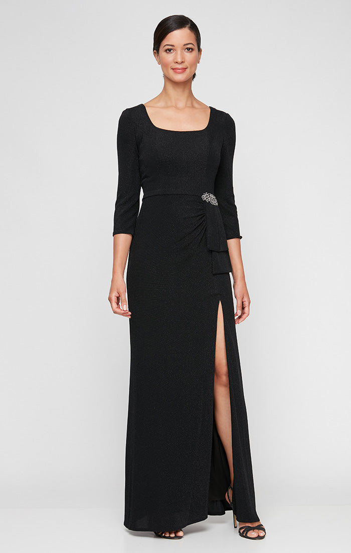 ALEXEVENINGS Regular Angular Neckline Shimmer-Knit Dress with Sparkling Hip Accents & Three-Quarter Sleeves