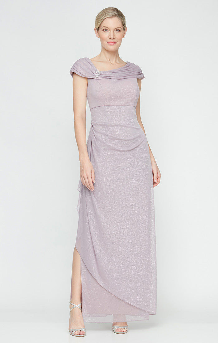 ALEXEVENINGS Plus Curvy Fit L-Neck Evening Gown with Crystal-Accented Gathers & Feminine Silhouette