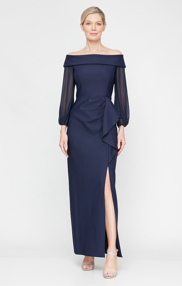 ALEXEVENINGS Elegant Petite-Length Off-Shoulder Slim-Fit Dress with Sheer Illusion Sleeves, Cascading Ruffled Hem & High-Low Slit Detail