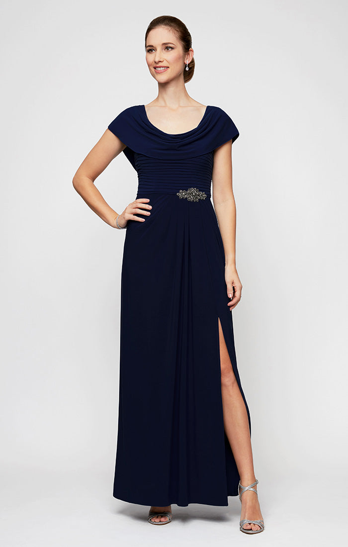 ALEXEVENINGS Flattering A-Line Jersey Dress for Petite Figures | Pleated Bodice & Embellished Cowl Back | Matte Textured Evening Gown with Elegant Neckline Details