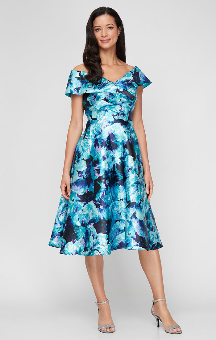 ALEXEVENINGS Elegant Floral Silk Mikado A-Line Midi Dress for Petite Sizing