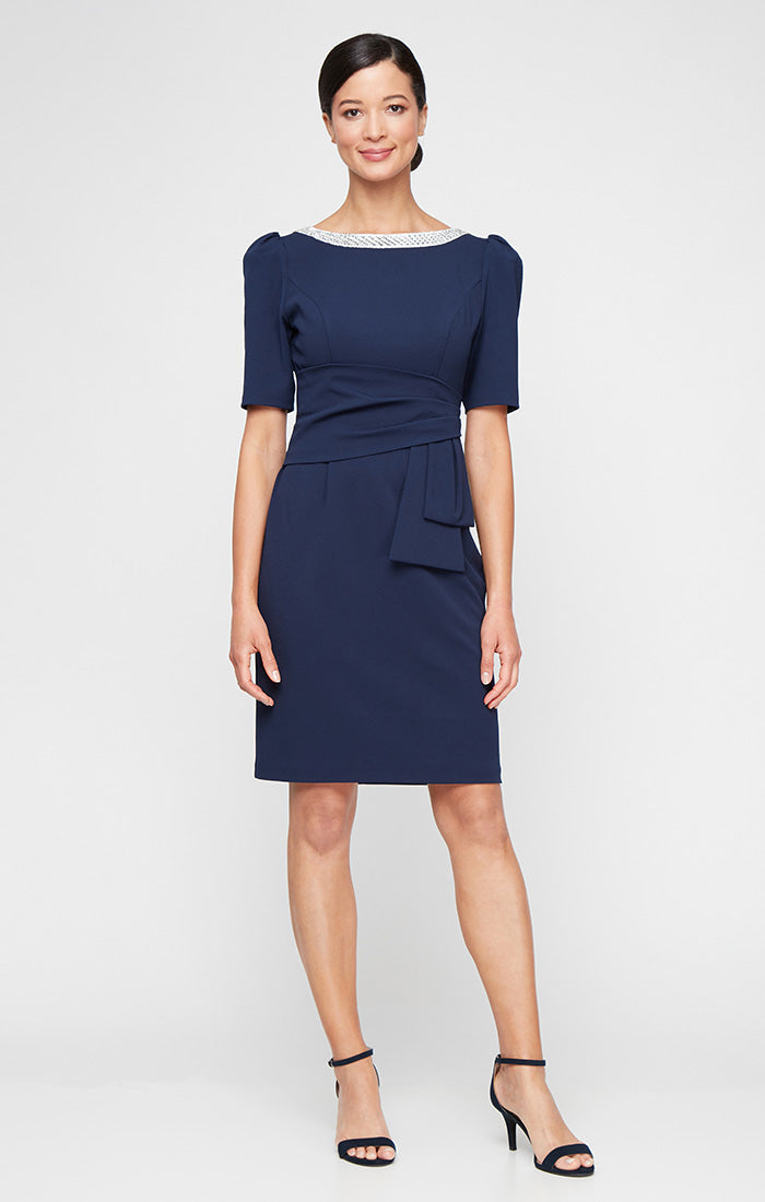 ALEXEVENINGS Slim-Fit Stretch Crepe Evening Dress with Embellished Neckline, Gathered Waist & Puff-Sleeve Elbow Length Detail