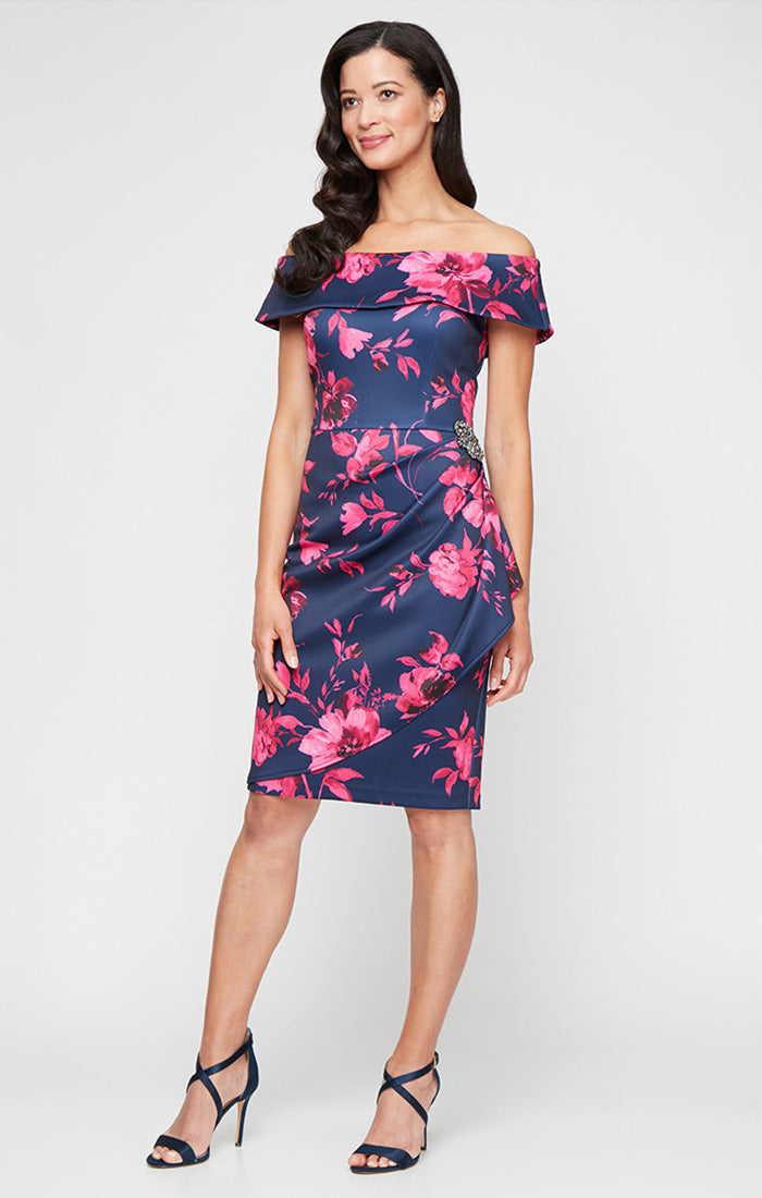 ALEXEVENINGS Flattering Plus-Size Scuba Crepe Dress with Allover Floral Print, Hip Embellishments & Cascading Skirt Details