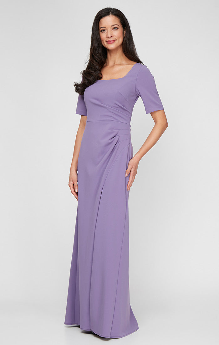 ALEXEVENINGS Flattering Full-Length Stretch Crepe Dress with Chic Square Neckline, Three-Quarter Sleeves & Slit Detail