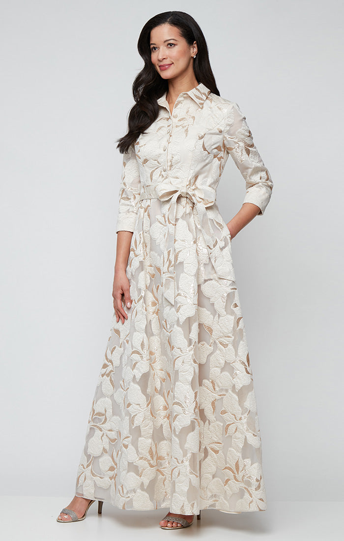 ALEXEVENINGS Elegant Jacquard Evening Gown with V-Neckline Buttons, Delicate Collar Accents & Tailored Waist Tie for Special Occasions