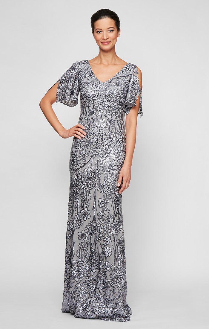 ALEXEVENINGS Feminine Cold-Shoulder Sequin Dress with V-Neckline & Delicate Flutter Sleeves for Petite Figures