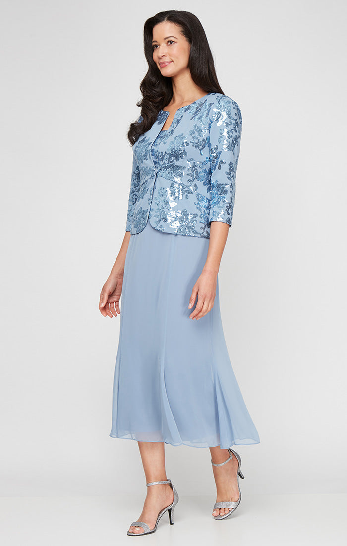 ALEXEVENINGS Elegant Jacket-Style Cocktail Dress with Sparkling Sequin Details, Flowy Chiffon Skirt & Square Neckline. Features Stretch-Crepe Fabric, Front-Button Closure & Feminine Knee-Grazing Silhouette for Petite Frames.