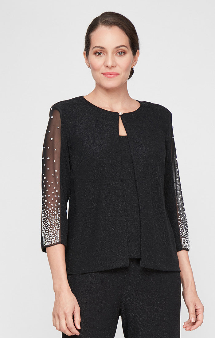 ALEXEVENINGS Chic Mock Neck Twin Set with 3/4 Thermal-Shaped Flared Sleeves & Fashion-Forward Easy-Clasp Neckline