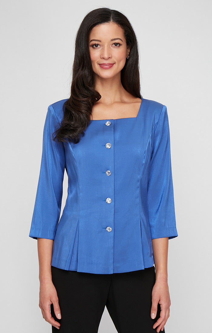 ALEXEVENINGS Flexible Glitter Top Featuring Square Neckline and Chic Front Button Detailing