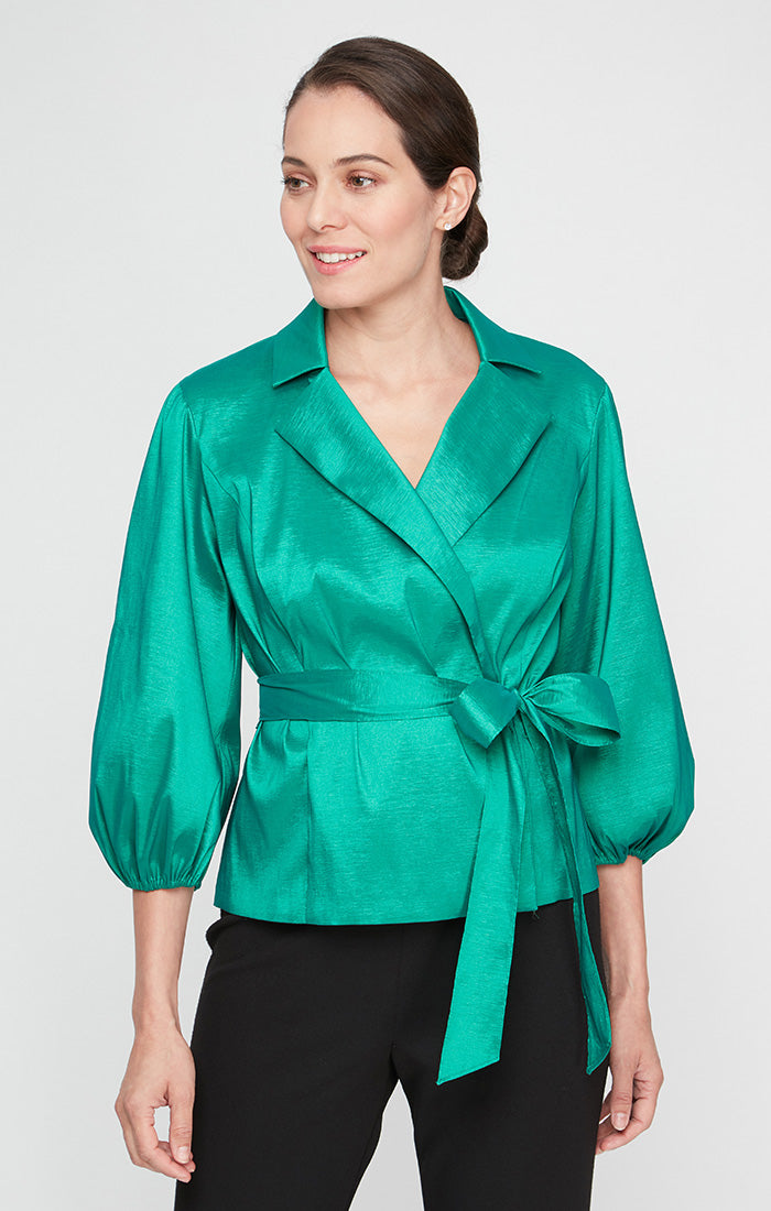 ALEXEVENINGS Slim-Fit Wrap Blouse with Flared Cuffs | Textured Taffeta Top Featuring Notched Collar & Waist-Defining Sash