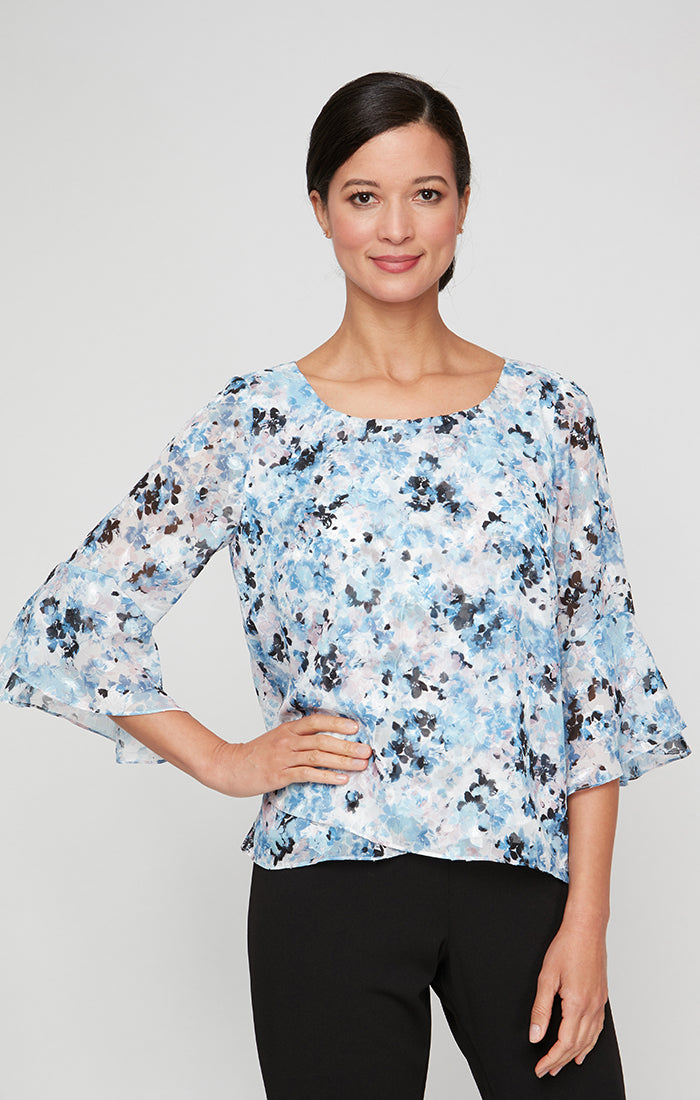 ALEXEVENINGS Plus-Size Floral Print Chiffon Top with Flowing Tulip Hem & Stylish Bell Sleeves