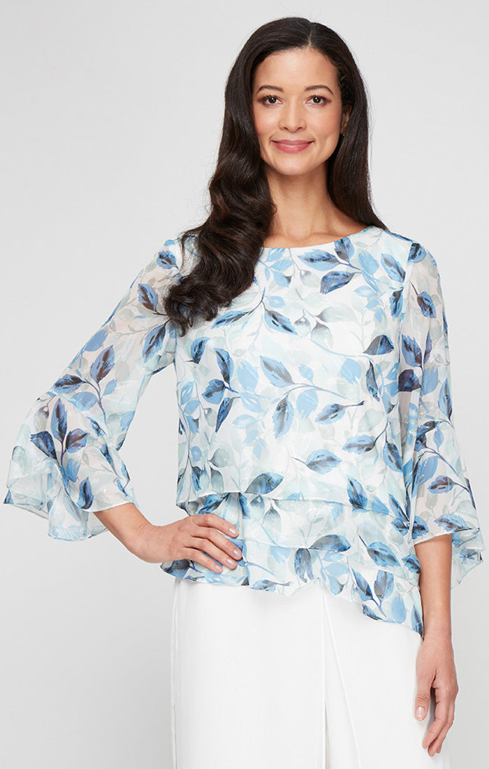 ALEXEVENINGS Flowy Chiffon Tunic with Sheer Burnout Details, Cascading Triple-Layer Skirted Hem & Dramatic Bell Sleeves