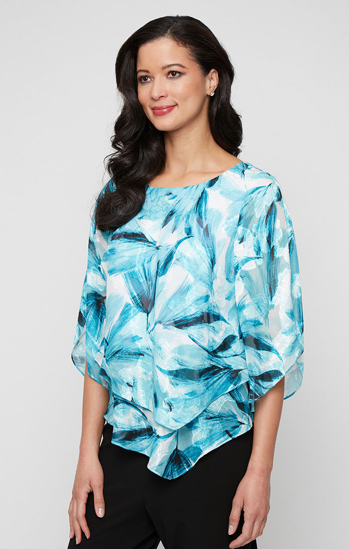 ALEXEVENINGS Elegant Floral Print Chiffon Top Featuring Stylish Two-Tier Asymmetric Pointed Hemline