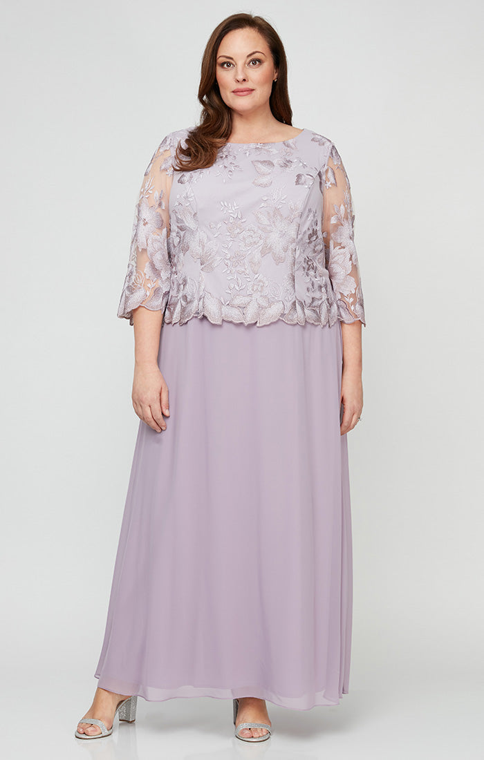 ALEXEVENINGS Floral-Embroidered A-Line Dress with Scallop Hem & Three-Quarter Sleeves for Curves