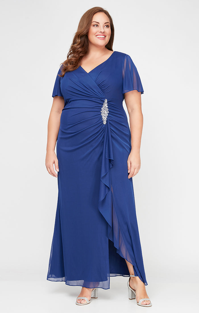 ALEXEVENINGS Elegant Surplice Neckline Evening Dress with Flutter Sleeve Design, Hip Accents and Cascading Skirt Details for Special Occasions