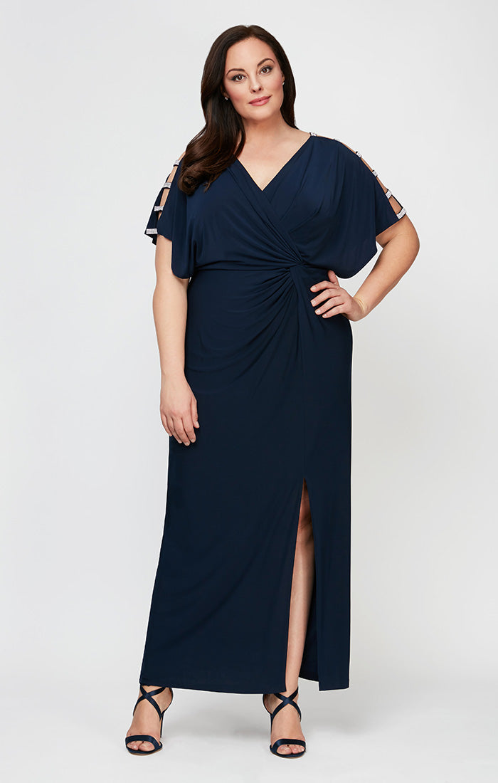 ALEXEVENINGS Elegant Twist-Front Midi Dress with Thigh Slit and Shoulder Embellishments