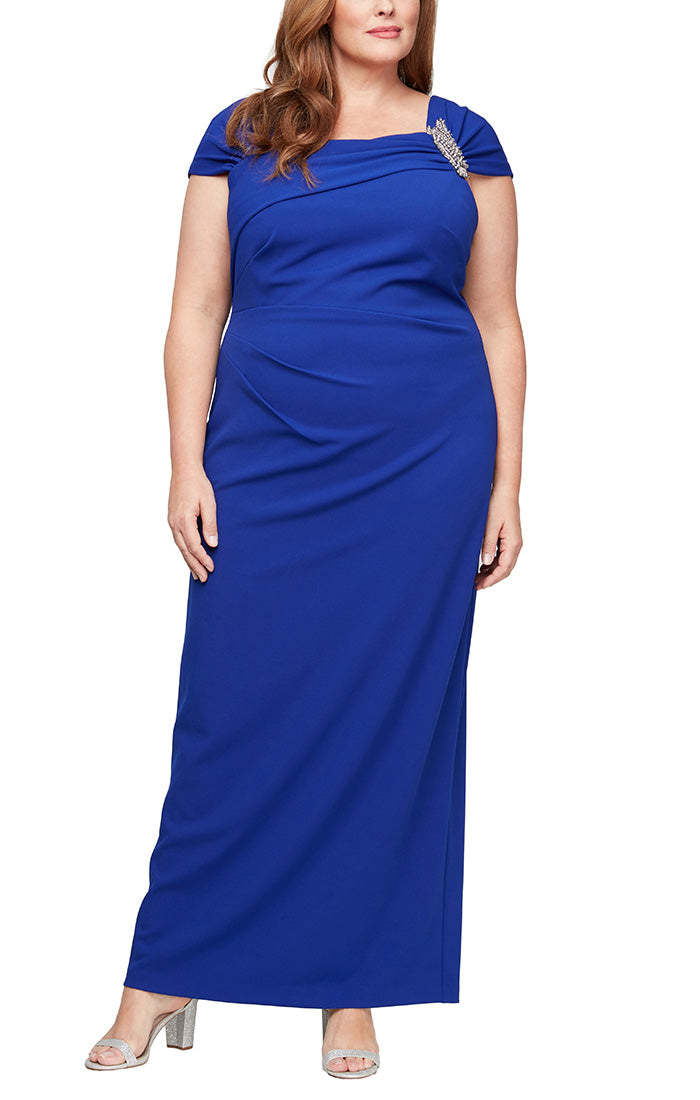 ALEXEVENINGS Curvy-Length Crepe Gown with Long Sleeves & Asymmetrical Beaded Neckline