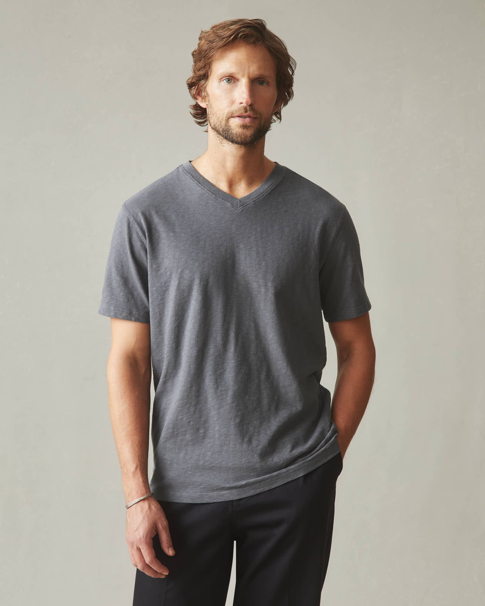 AMERICAN GIANT Crafted Comfort V-Neck T-Shirt | Textured Slub Fabric | Iron Grey