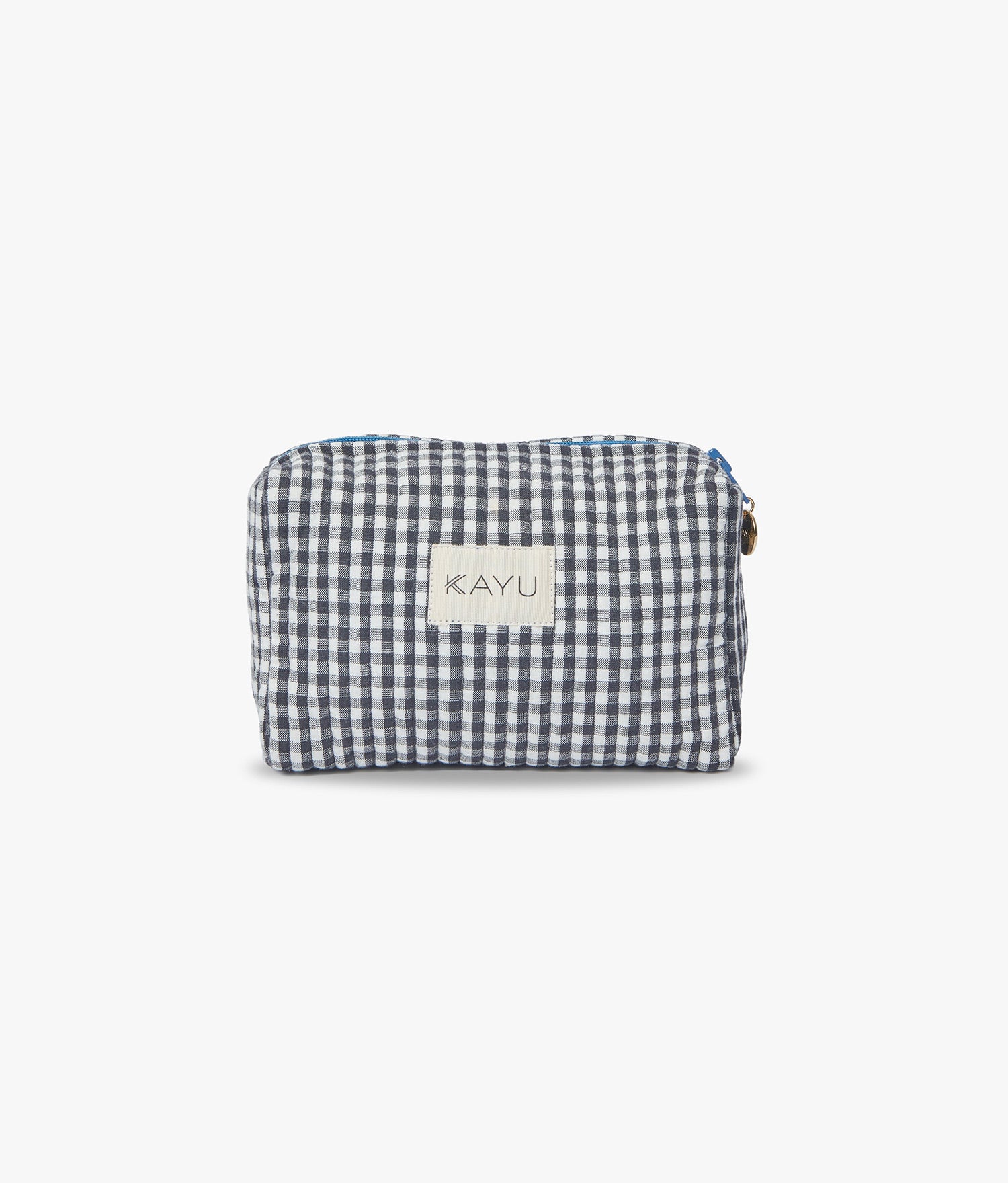 ANDIE Mini Elsie Compact Cosmetic Bag with Zipper Closure Stylish Checkered Design Natural Wood Trim Travel Organizer