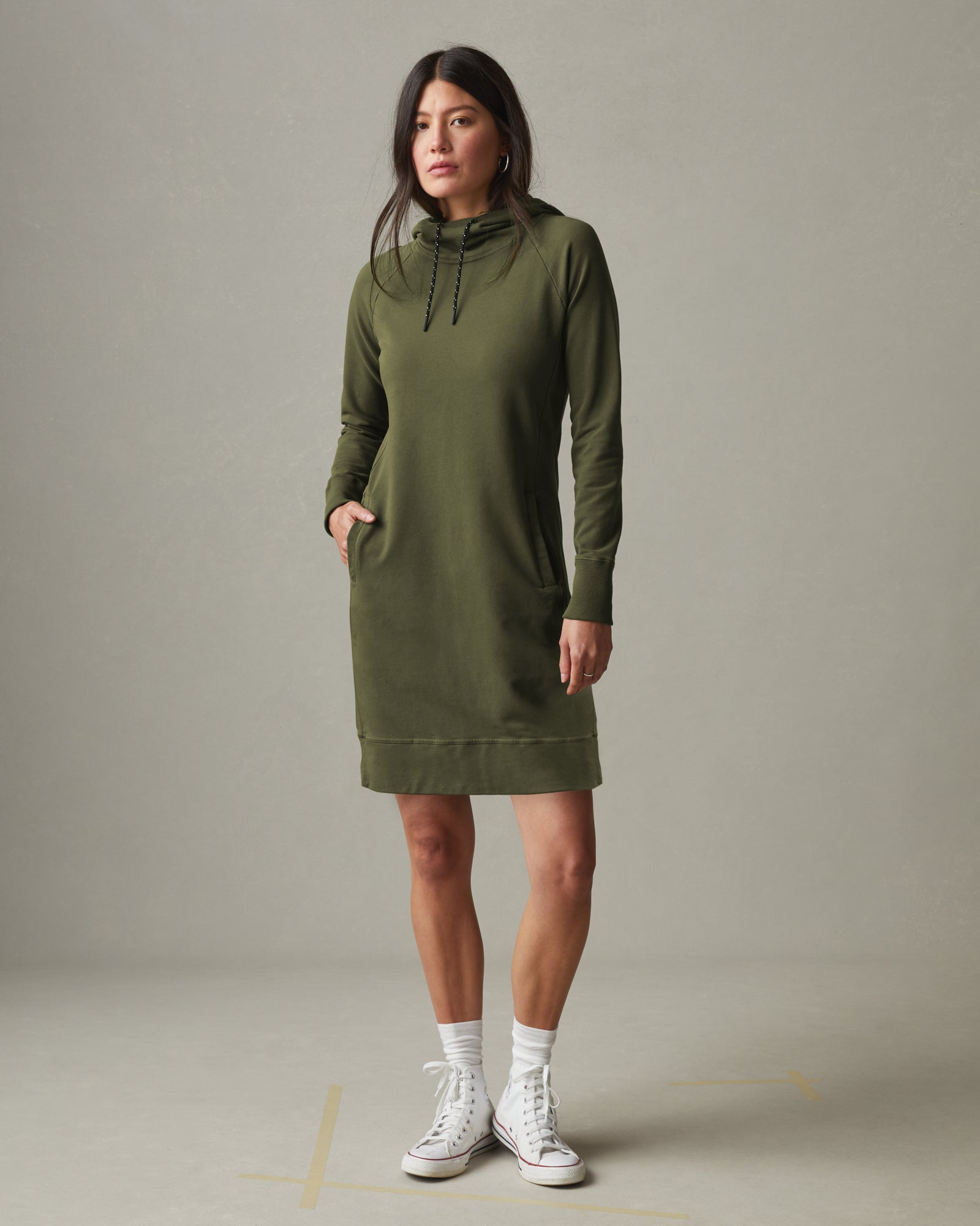 AMERICAN GIANT Cozy Kangaroo Pocket Hooded Dress in Sage Green