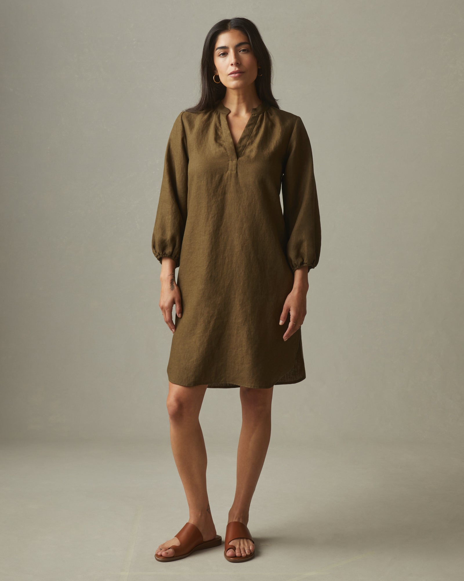 AMERICAN GIANT Breathable Linen Blend Tunic Dress with Relaxed Fit in Natural Beech Tone