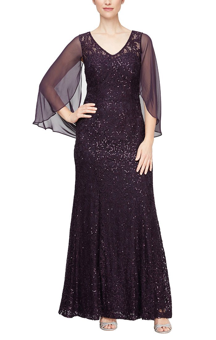 ALEXEVENINGS Regular V-Neck Long Evening Gown in Sequin Lace, Detachable Chiffon Cape & Elegant Draped Back Detail