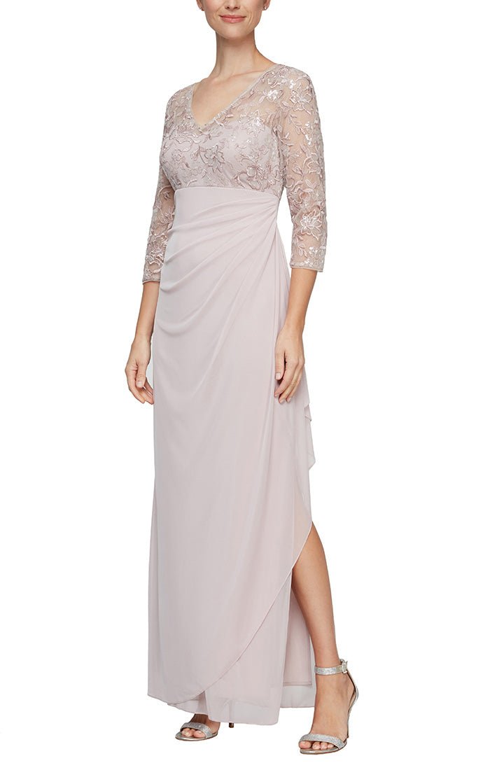 ALEXEVENINGS Flattering V-Neck Empire Dress with Sheer Sleeves & Cascading Ruffle Skirt