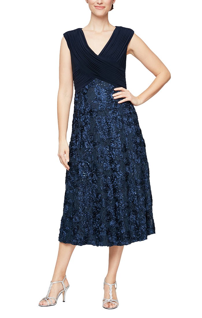 ALEXEVENINGS Plus Flattering Midi A-Line Dress with Delicate Soutache Trim & Chic Pleated Bodice | Sleeveless V-Neck Evening Style